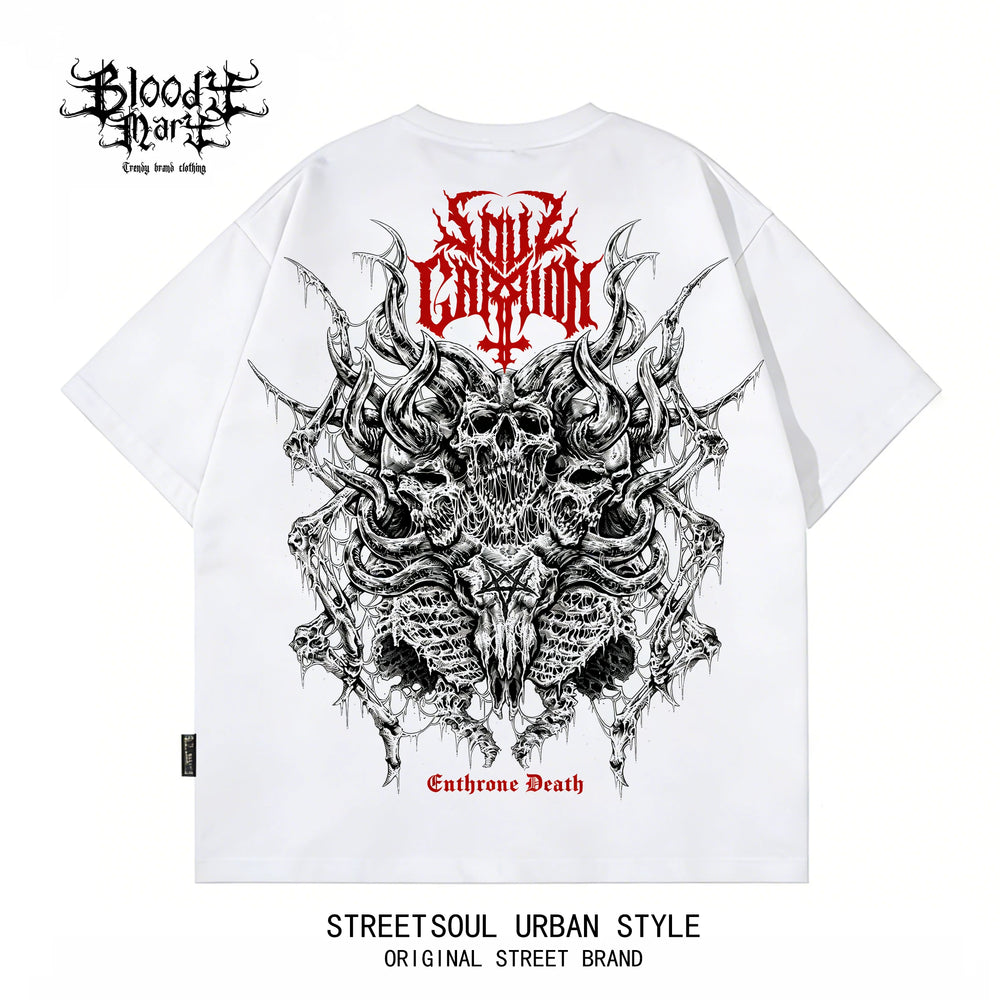 Dark style skull print short sleeved T-shirt for both men and women, loose street retro rock top