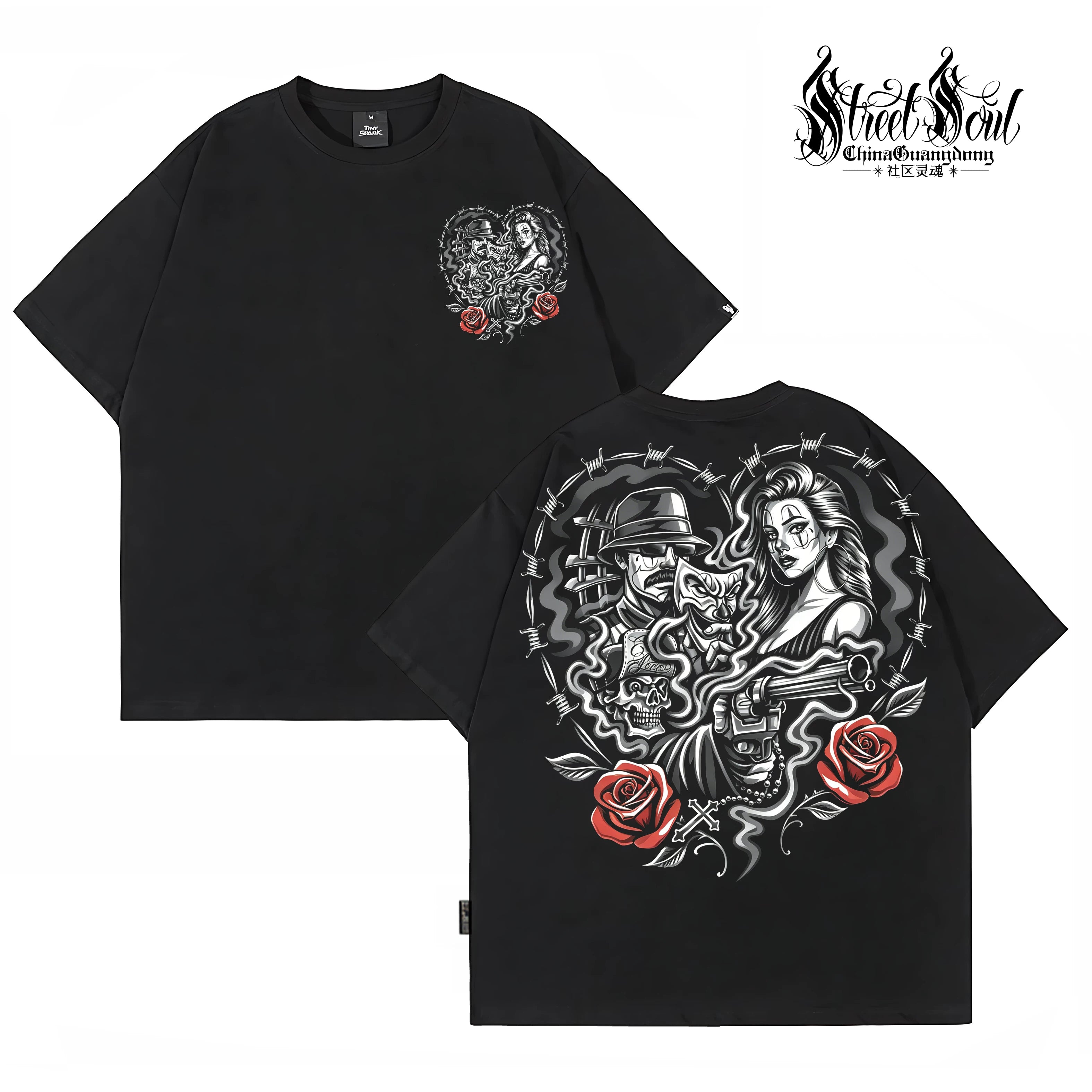 American Fashion Brand Chicano China-Chic Rose Printed Short Sleeve T-shirt Men's Black Round Neck Loose Cotton Rock Style
