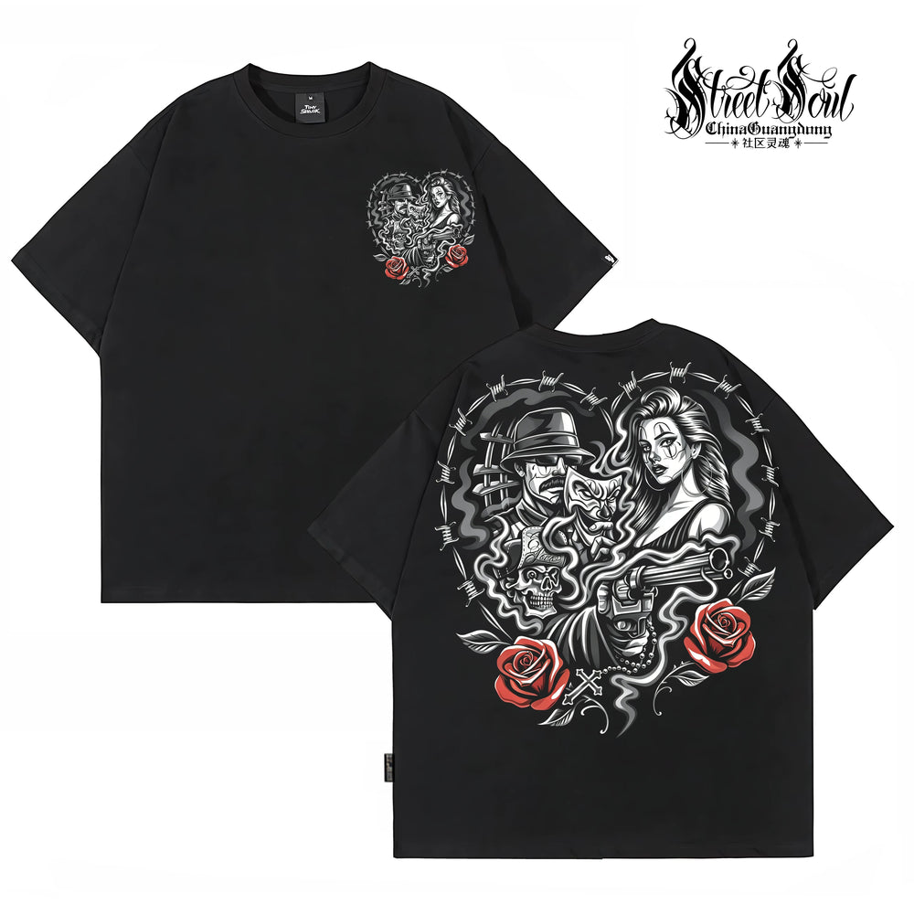 American Fashion Brand Chicano China-Chic Rose Printed Short Sleeve T-shirt Men's Black Round Neck Loose Cotton Rock Style
