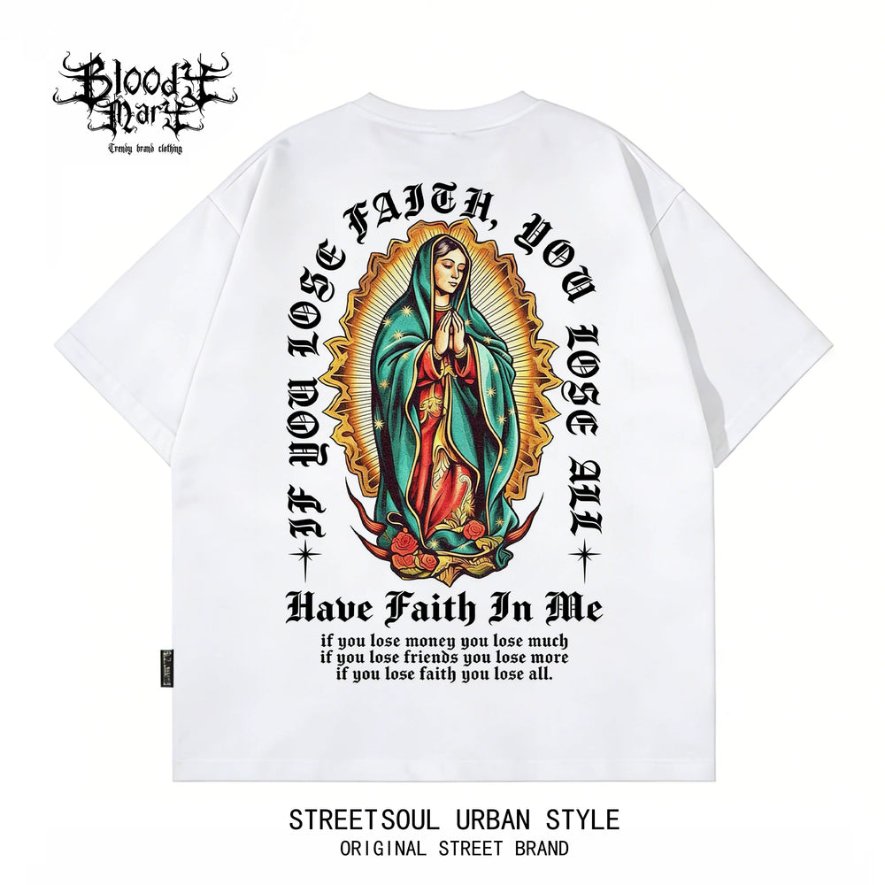 Original Trendy American West Coast Chicano Flower Font Street Head Wind Heavy Cotton Short Sleeve Loose Printed T-shirt