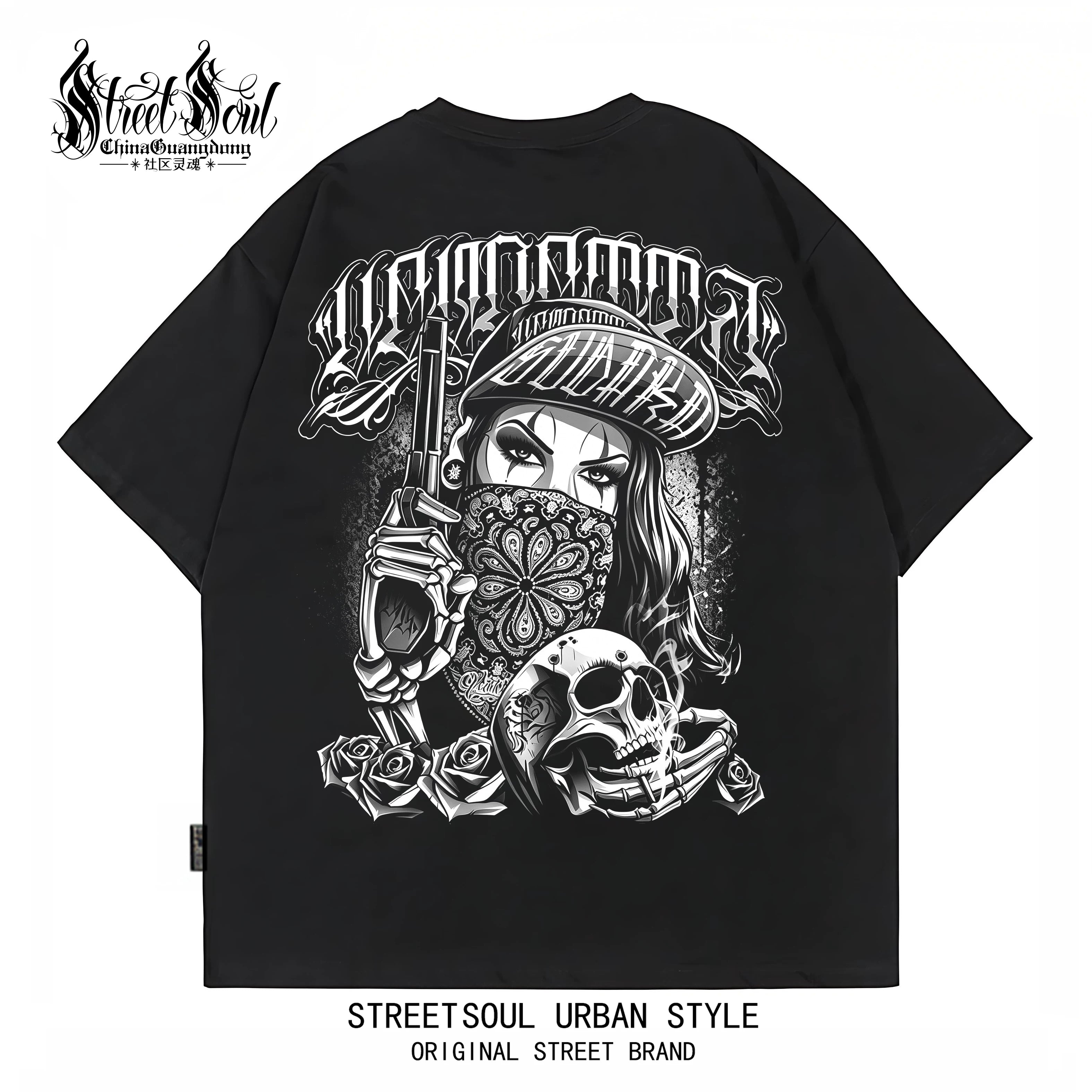 Trendy American West Coast Hip Hop Street Style Short Sleeve T-shirt for Men, Loose and Heavy Weight, Pure Cotton Skeleton, Pure Cotton Tattoo Artist