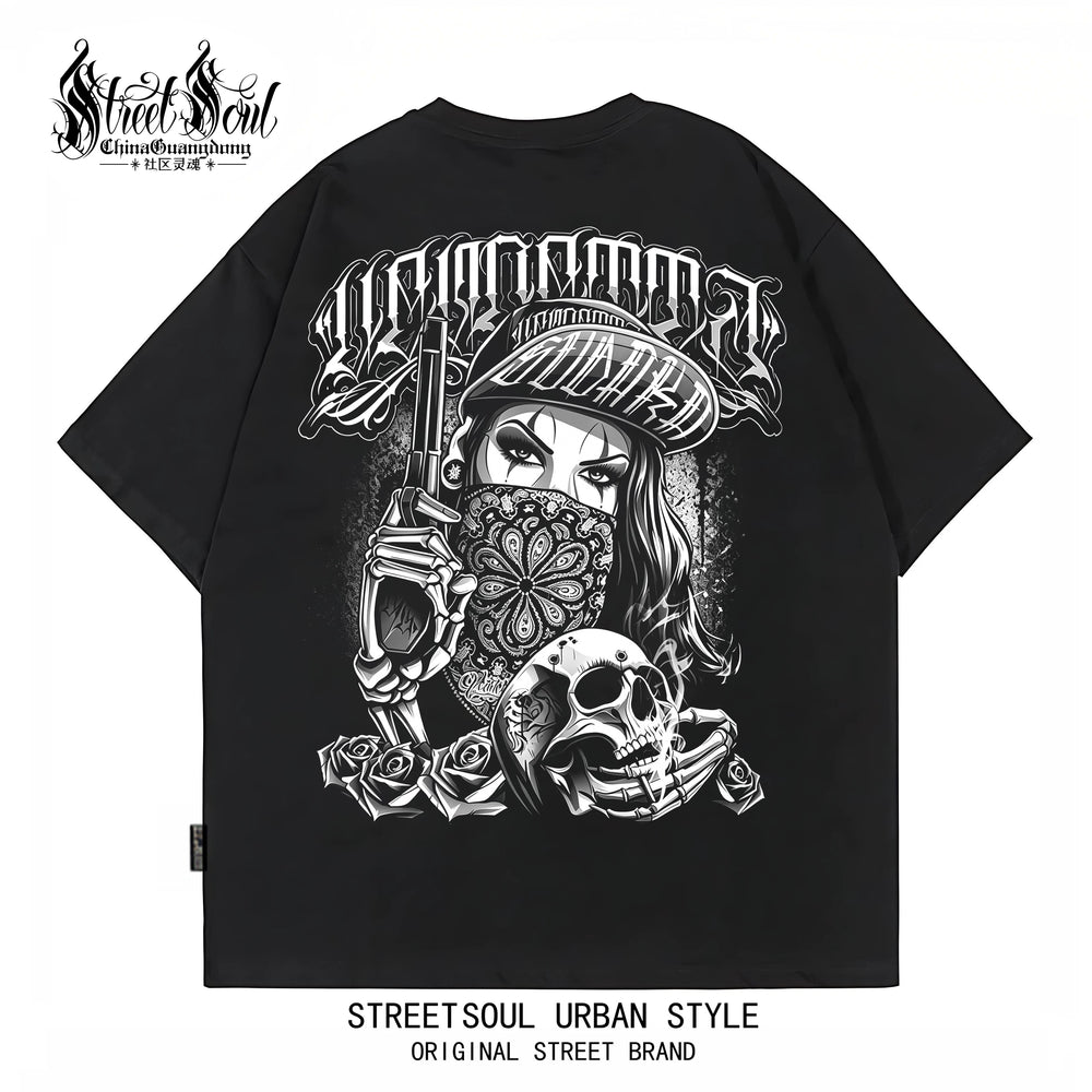 Trendy American West Coast Hip Hop Street Style Short Sleeve T-shirt for Men, Loose and Heavy Weight, Pure Cotton Skeleton, Pure Cotton Tattoo Artist