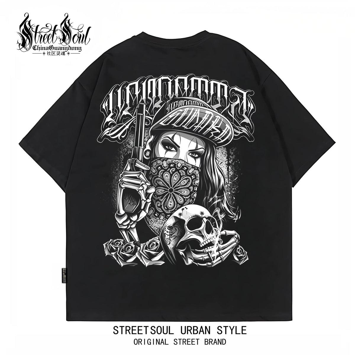 Trendy American West Coast Hip Hop Street Style Short Sleeve T-shirt for Men, Loose and Heavy Weight, Pure Cotton Skeleton, Pure Cotton Tattoo Artist