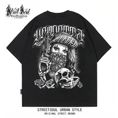 Trendy American West Coast Hip Hop Street Style Short Sleeve T-shirt for Men, Loose and Heavy Weight, Pure Cotton Skeleton, Pure Cotton Tattoo Artist