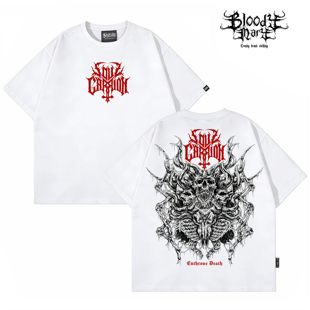 Dark style skull print short sleeved T-shirt for both men and women, loose street retro rock top