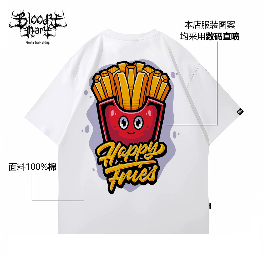 Trendy brand french fries printed pure cotton loose T-shirt American niche ins style versatile men and women's casual trend short sleeved 2025