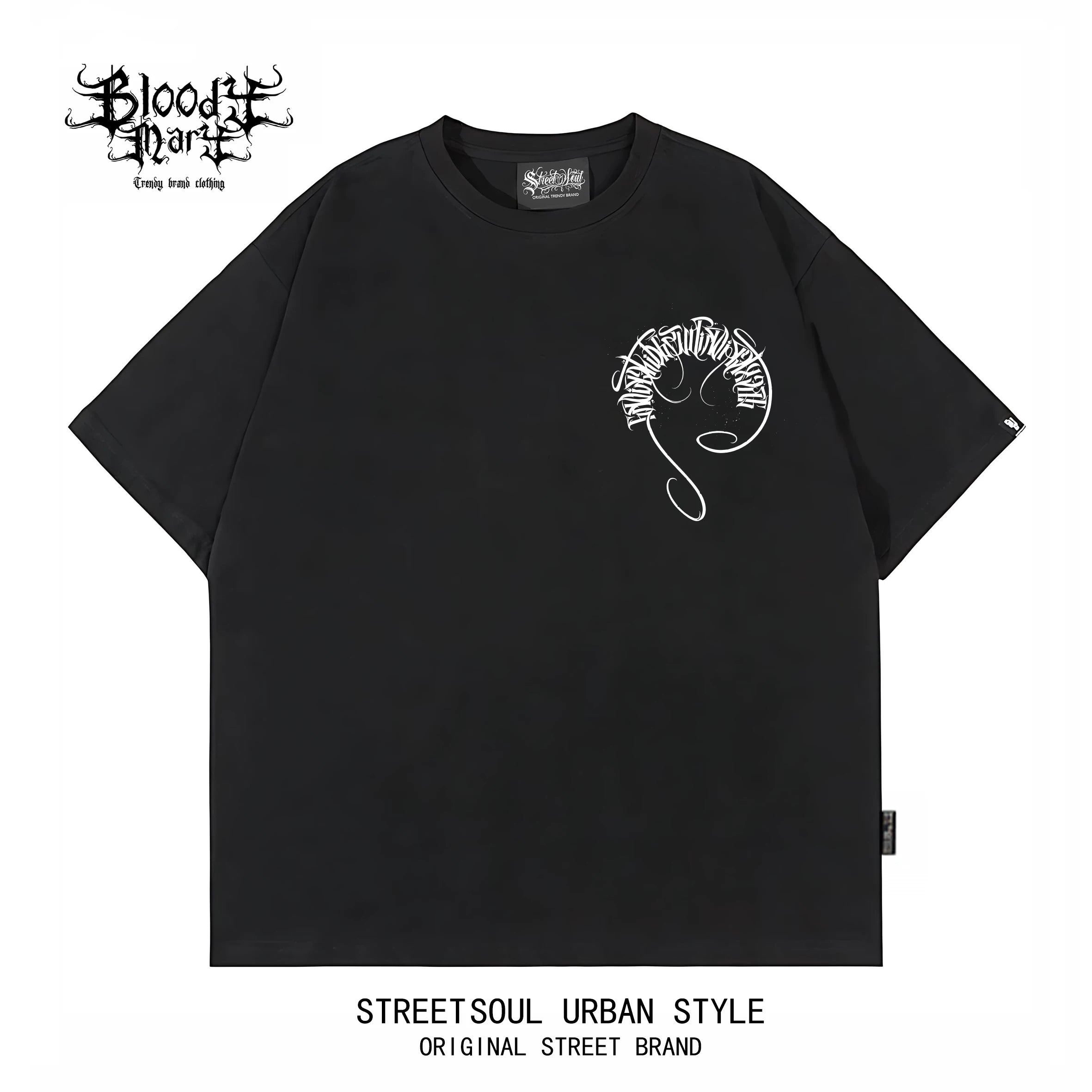 Trendy American Hip Hop Flower Font Black Short Sleeve T-shirt Loose Cotton Heavy Print Top Street West Coast