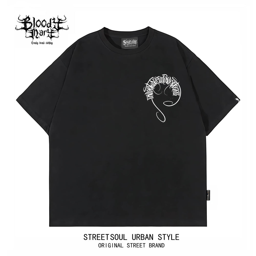 Trendy American Hip Hop Flower Font Black Short Sleeve T-shirt Loose Cotton Heavy Print Top Street West Coast