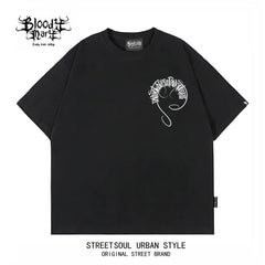 Trendy American Hip Hop Flower Font Black Short Sleeve T-shirt Loose Cotton Heavy Print Top Street West Coast