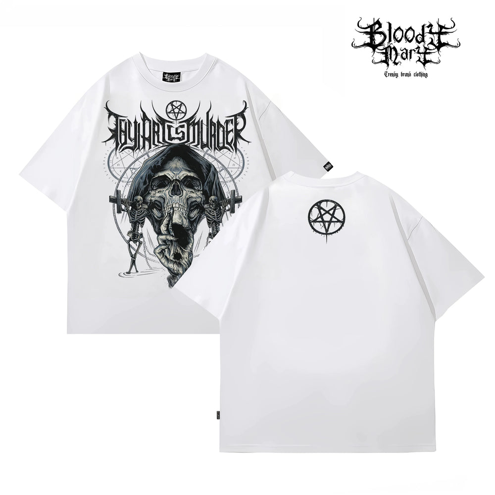 Original trendy retro rock style skull print short sleeved T-shirt black rock band top unisex