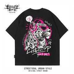 China-Chic style American printed short sleeve T-shirt for men and women loose street trend summer new black T-shirt leopard print