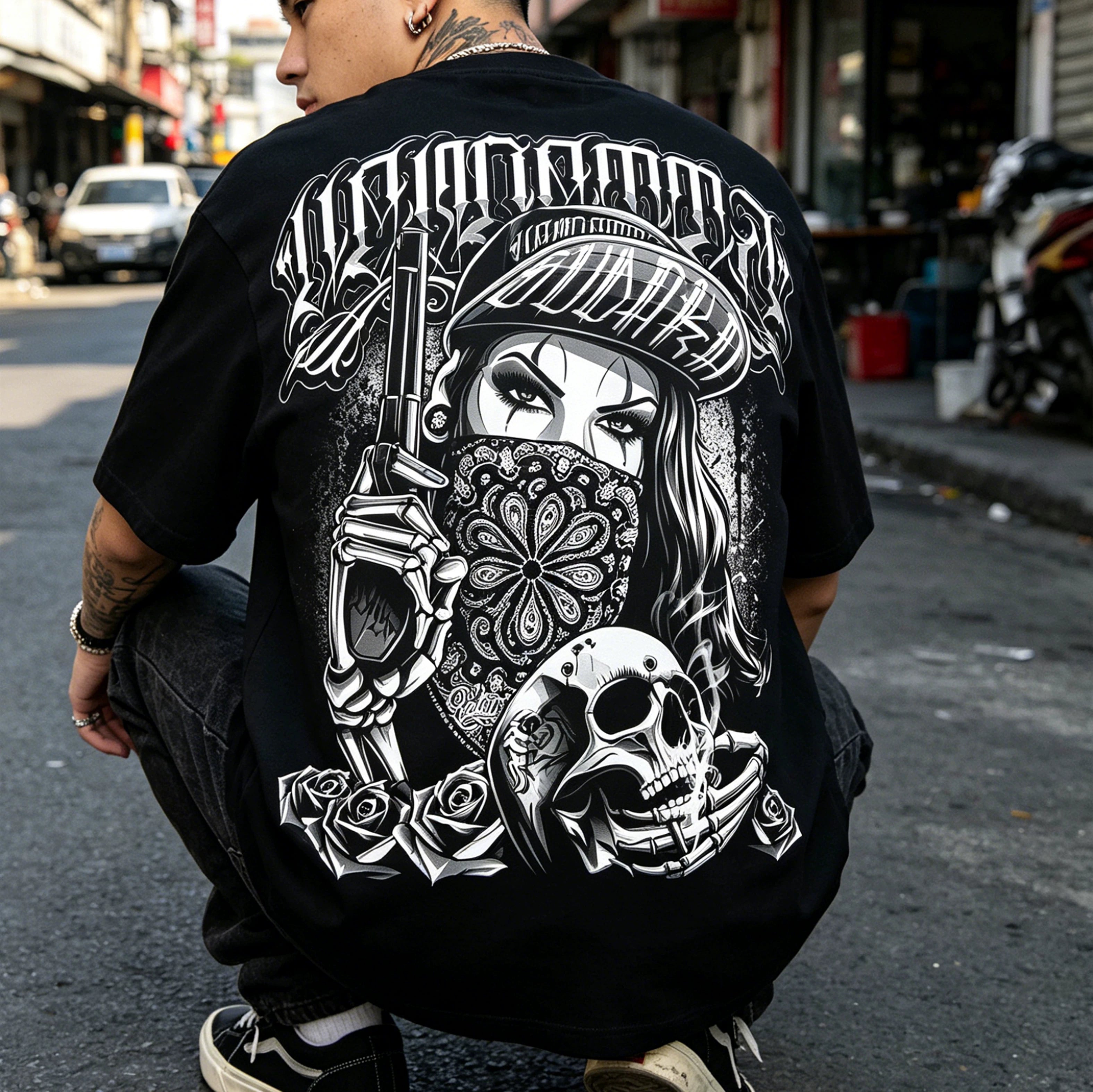 Trendy American West Coast Hip Hop Street Style Short Sleeve T-shirt for Men, Loose and Heavy Weight, Pure Cotton Skeleton, Pure Cotton Tattoo Artist