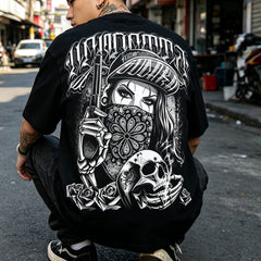 Trendy American West Coast Hip Hop Street Style Short Sleeve T-shirt for Men, Loose and Heavy Weight, Pure Cotton Skeleton, Pure Cotton Tattoo Artist