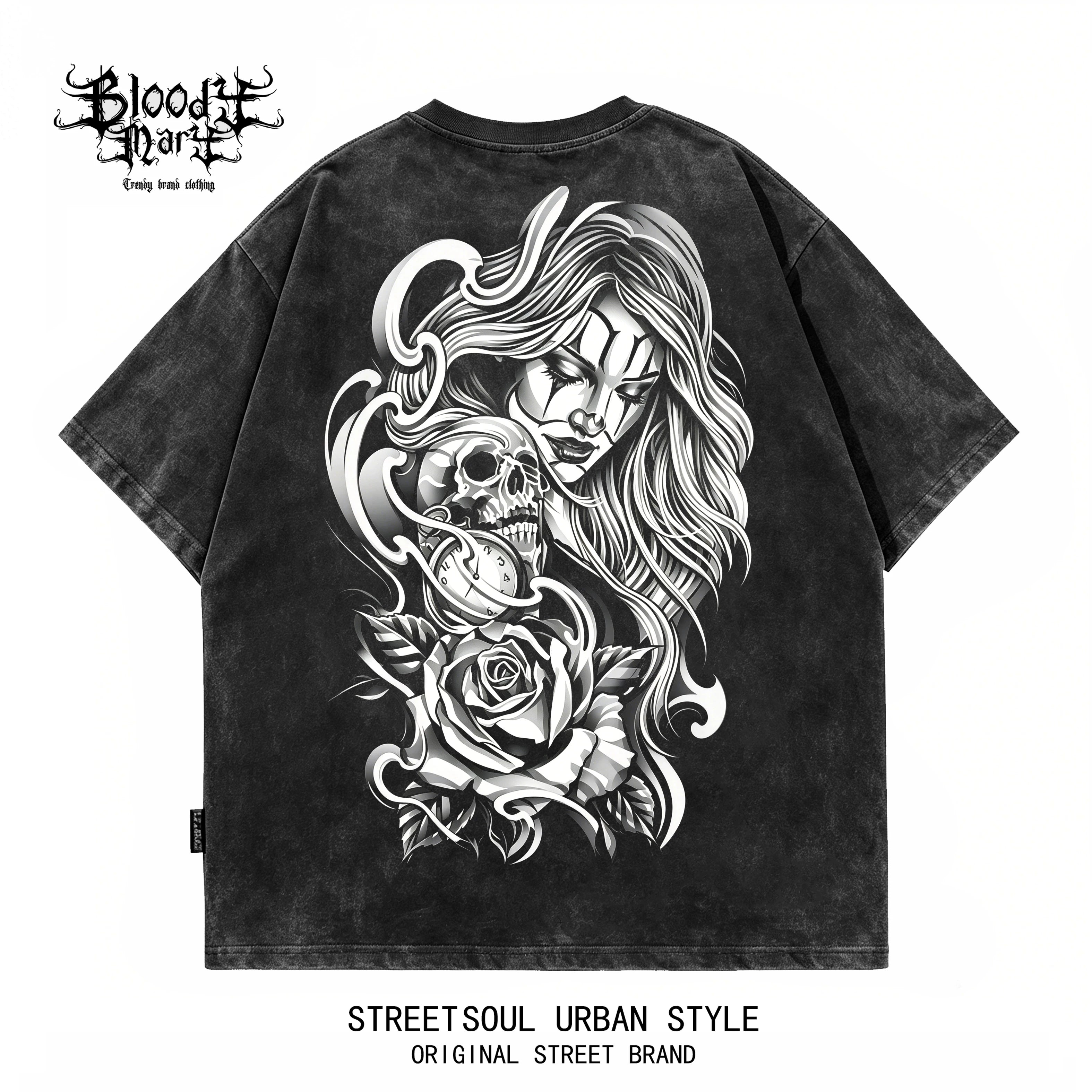 American hip-hop West Coast Chicano skeleton rose print short sleeved T-shirt men's loose dark trend brand top
