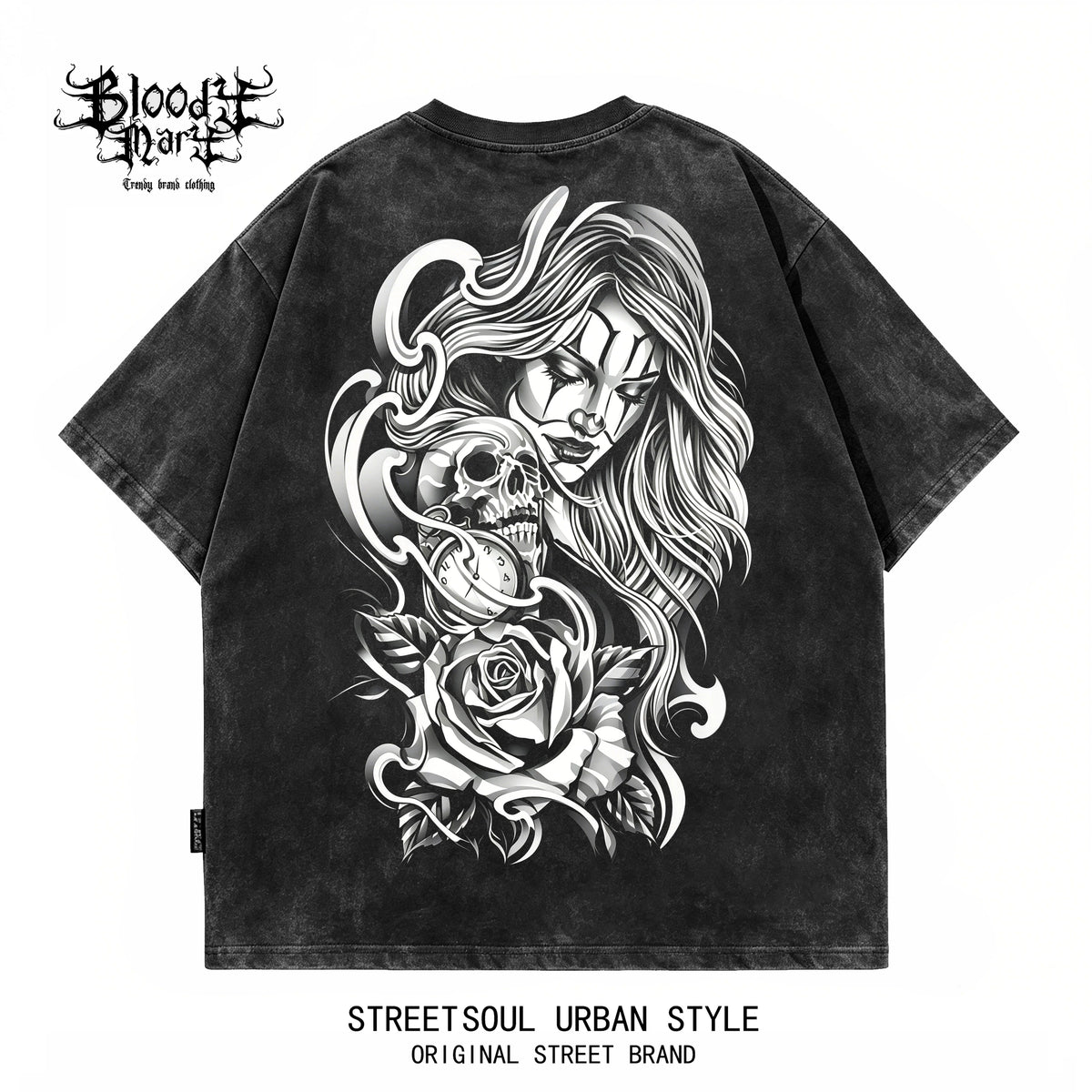 American hip-hop West Coast Chicano skeleton rose print short sleeved T-shirt men's loose dark trend brand top