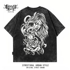 American hip-hop West Coast Chicano skeleton rose print short sleeved T-shirt men's loose dark trend brand top