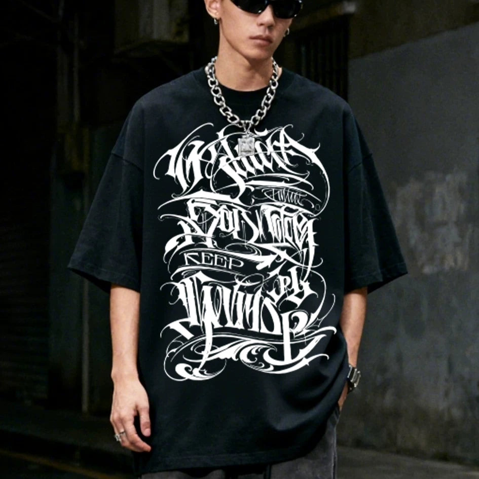 Original Trendy Brand Dark American China-Chic Huati Tattoo Master Small Crew Neck Personalized Rock and Roll Print Hip Hop T-shirt