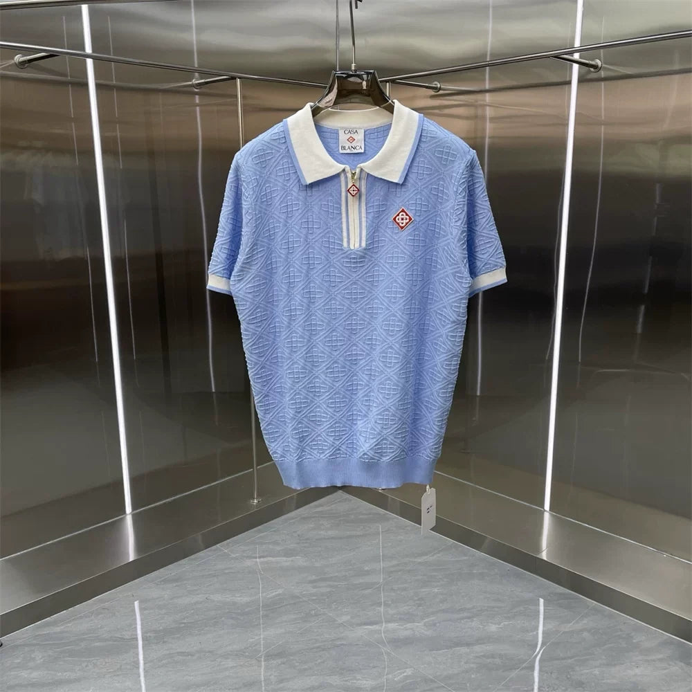 Casablanca Textured Knit Polo Shirt - Light Blue / White