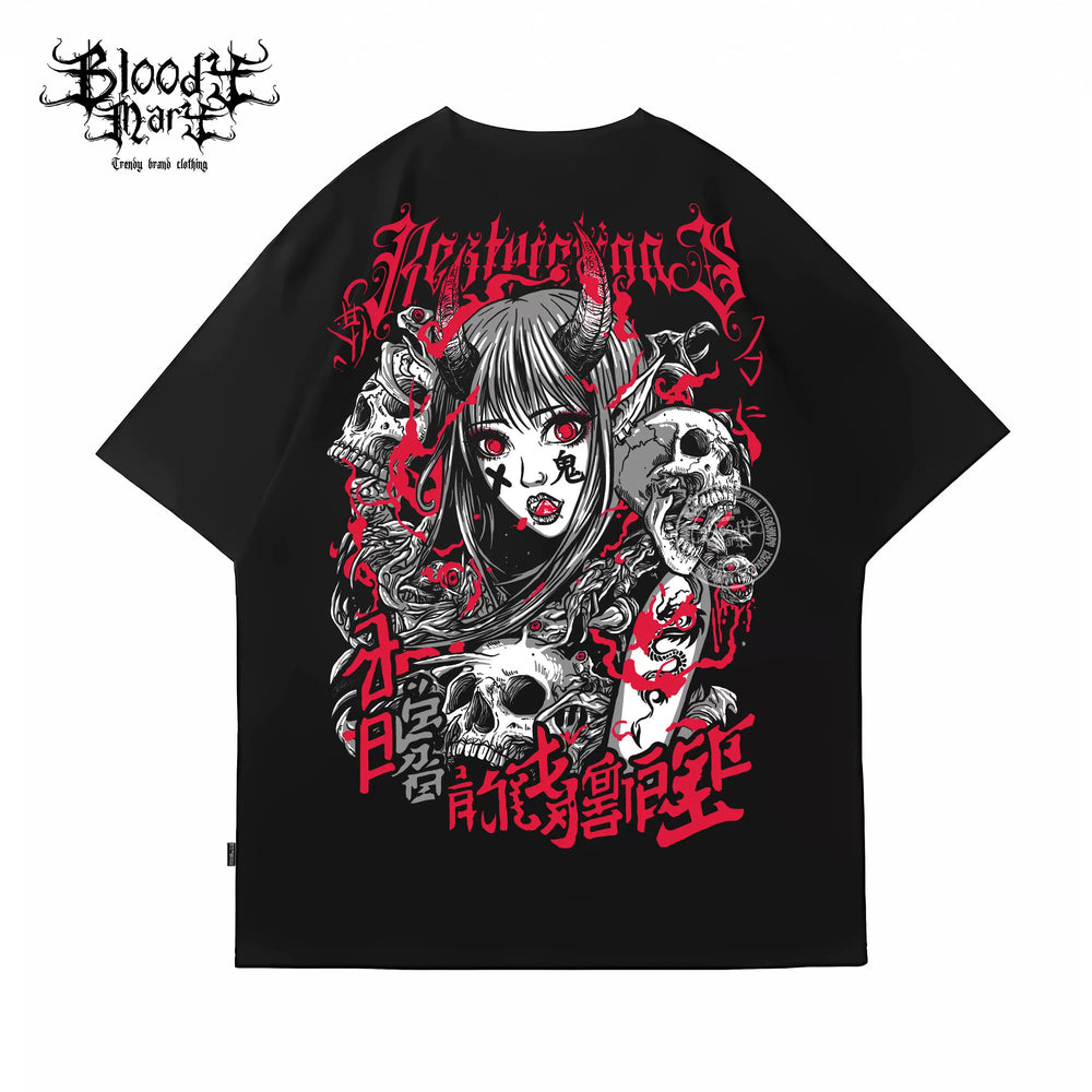 American retro gothic style black loose short sleeved T-shirt, hip-hop fashion brand street dance character print, youth casual
