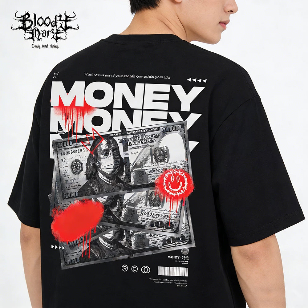 American street retro dollar bill short sleeved loose cotton heavyweight niche hip-hop tattoo artist trendy T-shirt