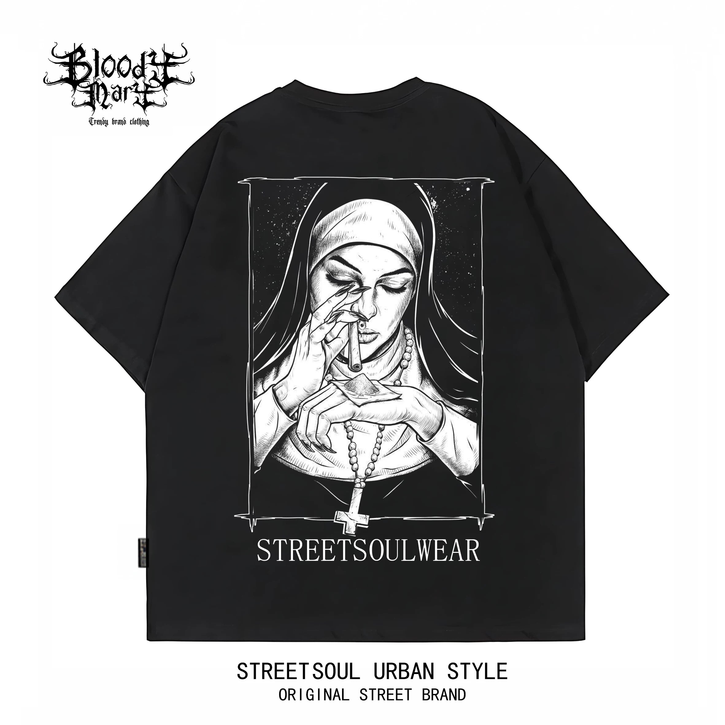 Trendy American retro dark style nun print short sleeved T-shirt for men and women, loose and heavyweight pure cotton high street style top