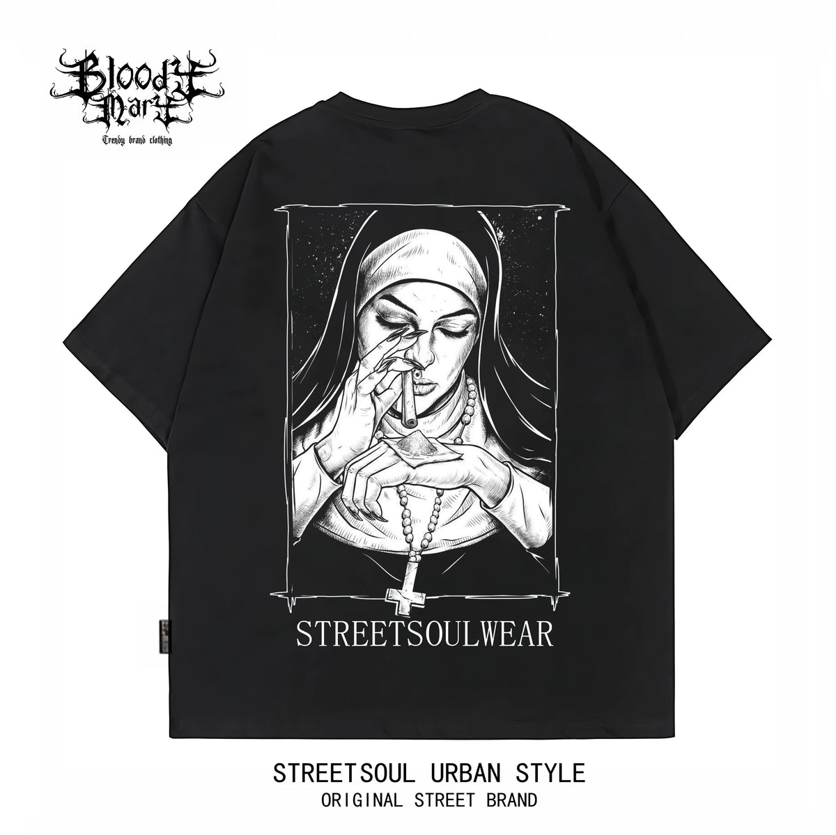 Trendy American retro dark style nun print short sleeved T-shirt for men and women, loose and heavyweight pure cotton high street style top