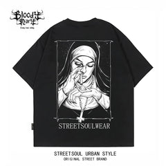 Trendy American retro dark style nun print short sleeved T-shirt for men and women, loose and heavyweight pure cotton high street style top