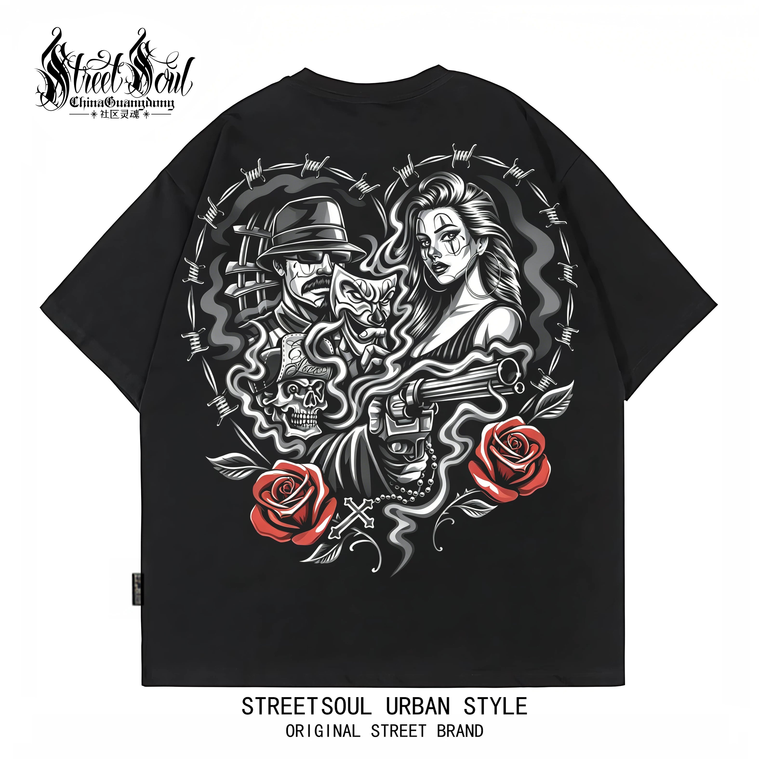 American Fashion Brand Chicano China-Chic Rose Printed Short Sleeve T-shirt Men's Black Round Neck Loose Cotton Rock Style