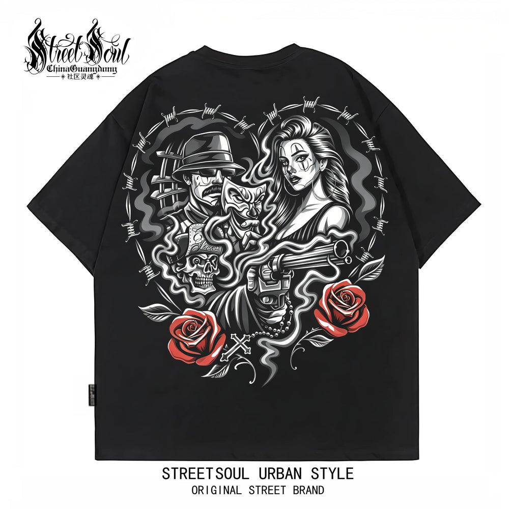American Fashion Brand Chicano China-Chic Rose Printed Short Sleeve T-shirt Men's Black Round Neck Loose Cotton Rock Style