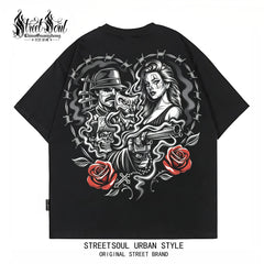 American Fashion Brand Chicano China-Chic Rose Printed Short Sleeve T-shirt Men's Black Round Neck Loose Cotton Rock Style