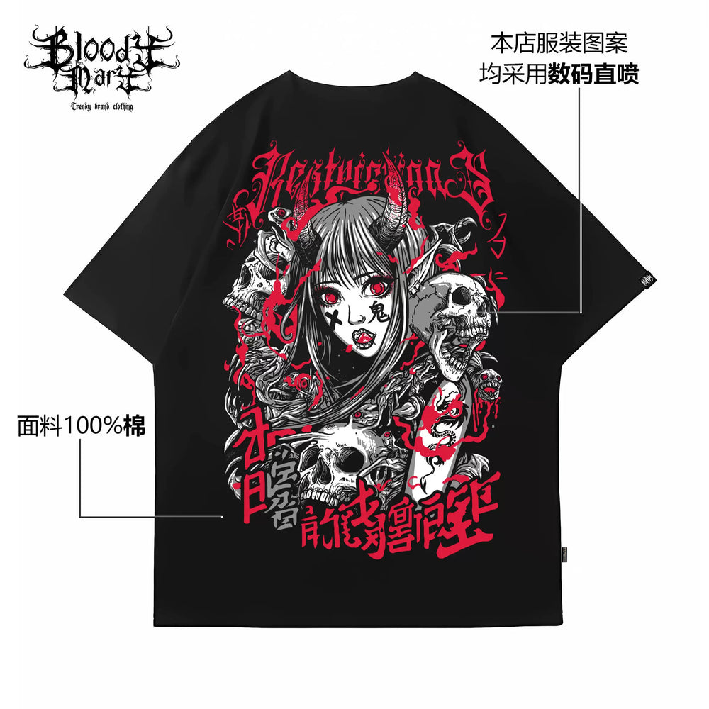 American retro gothic style black loose short sleeved T-shirt, hip-hop fashion brand street dance character print, youth casual