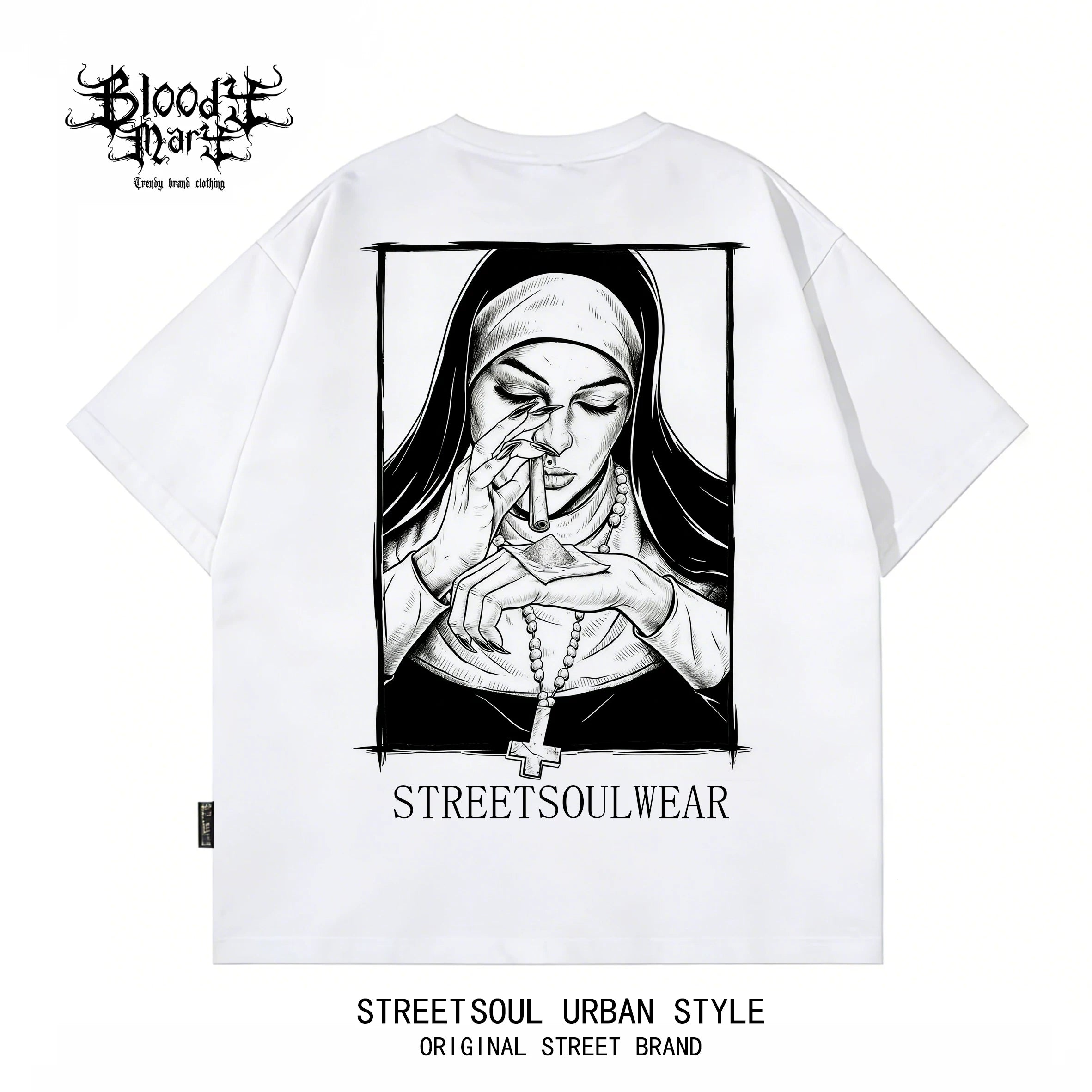 Trendy American retro dark style nun print short sleeved T-shirt for men and women, loose and heavyweight pure cotton high street style top