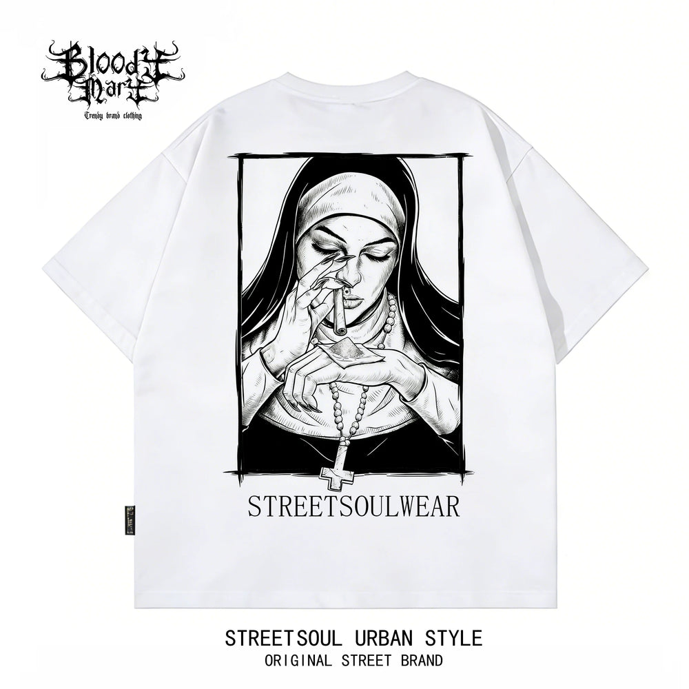 Trendy American retro dark style nun print short sleeved T-shirt for men and women, loose and heavyweight pure cotton high street style top