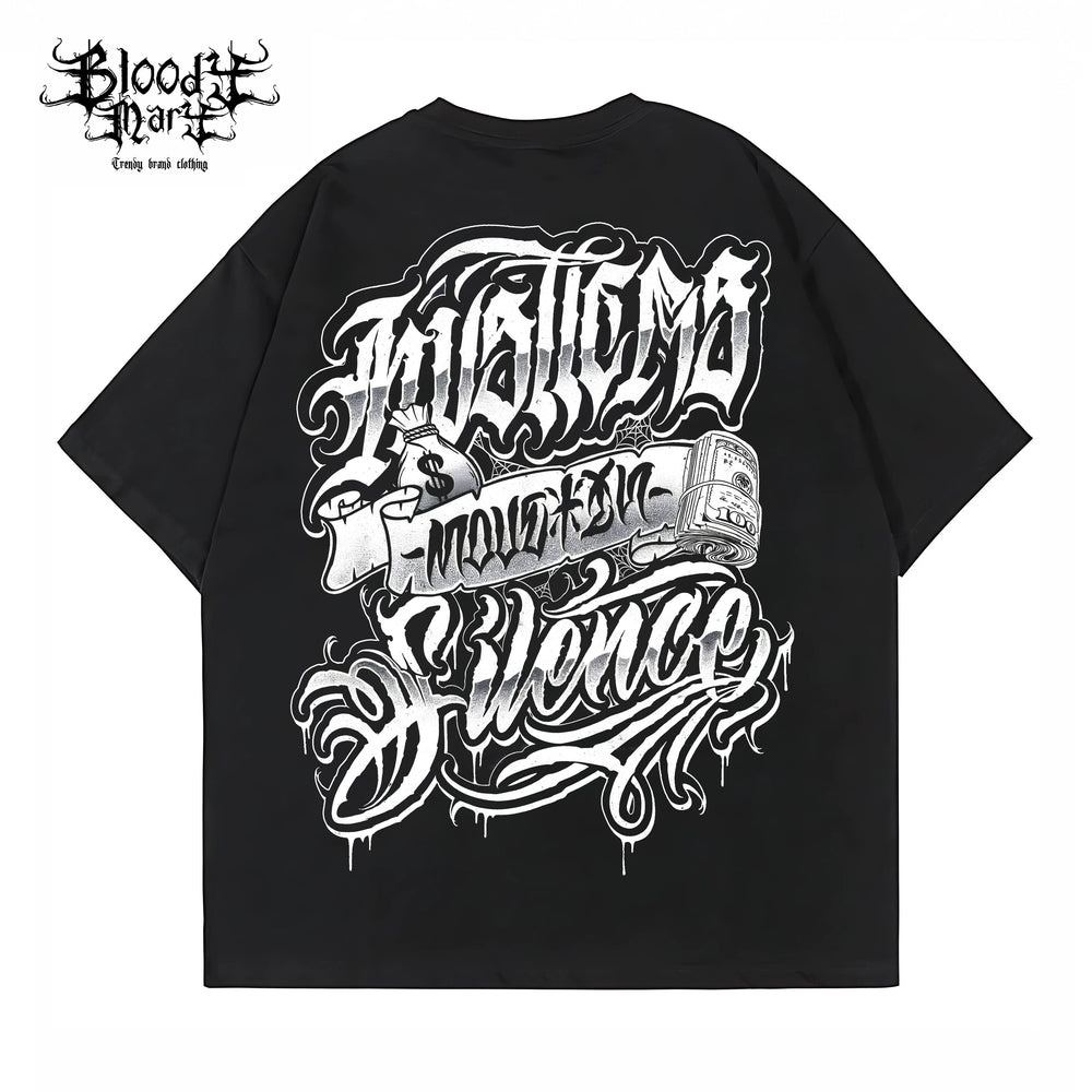 American Street Retro USD Banknote Flower Font Loose Cotton Heavy Weight Niche Hip Hop Tattoo Artist Trendy Brand T-shirt