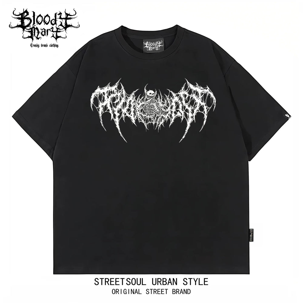 American street dark gothic style skull print short sleeved T-shirt for men and women loose couple outfit trendy brand high street style