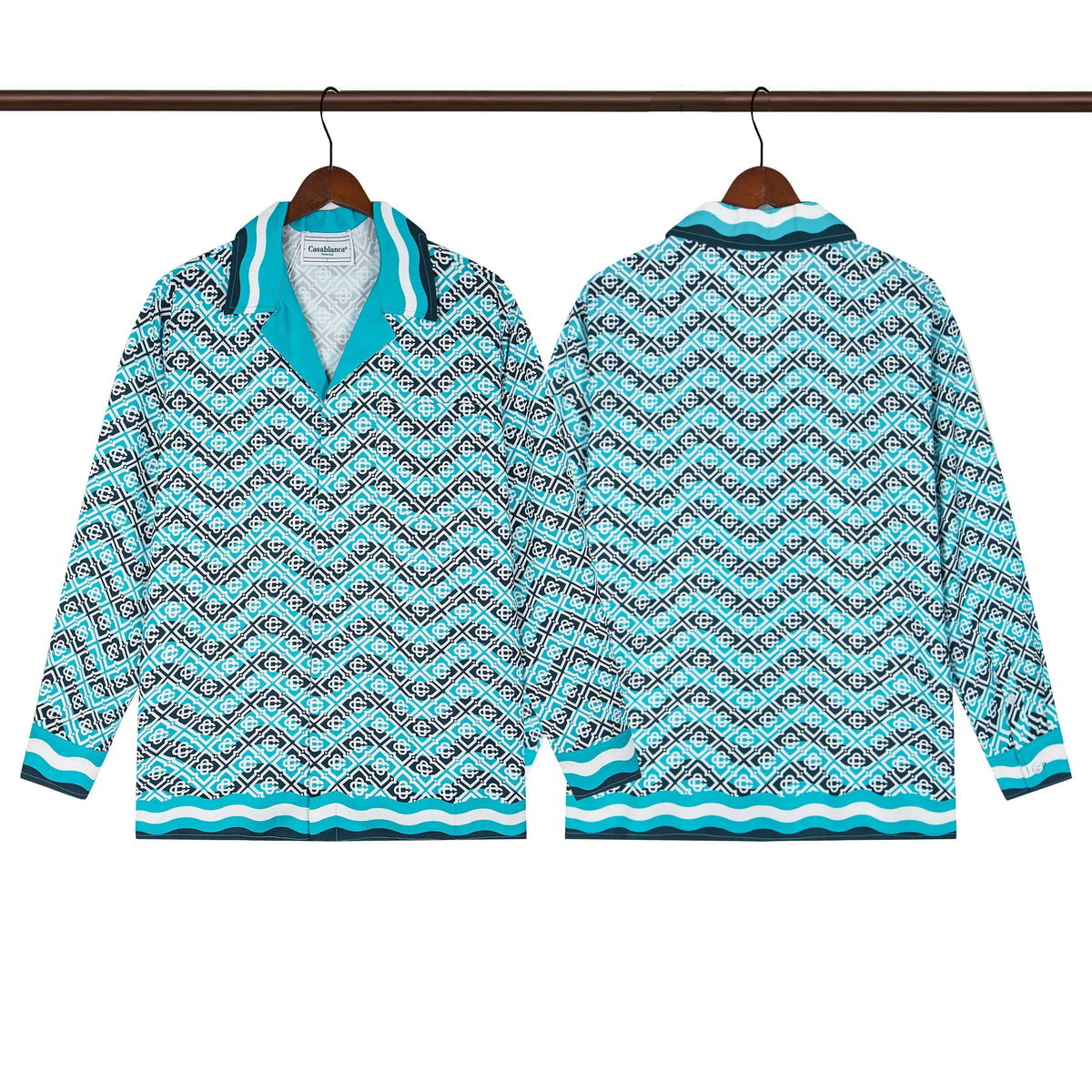 Casablanca Zigzag Wave Knit Button-Down Shirt - Turquoise / Blue