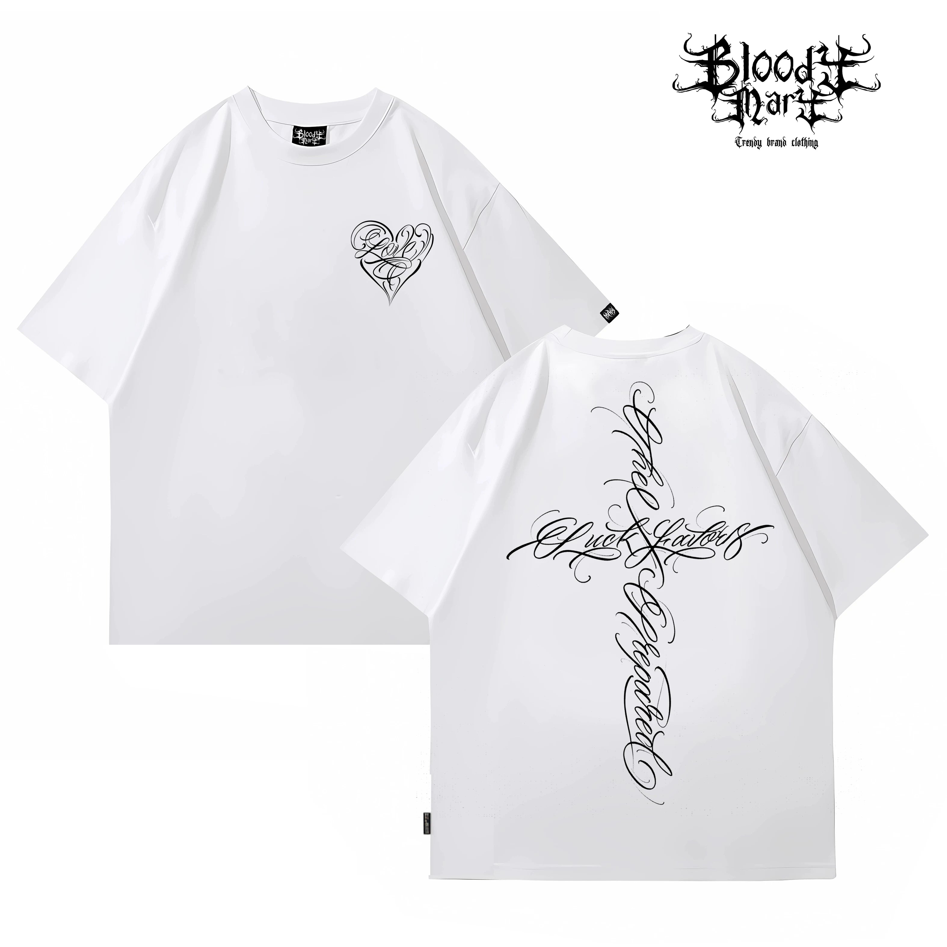 American street flower font short sleeved loose cotton heavyweight niche hip-hop fashion brand tattoo artist T-shirt abstract trend