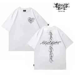 American street flower font short sleeved loose cotton heavyweight niche hip-hop fashion brand tattoo artist T-shirt abstract trend
