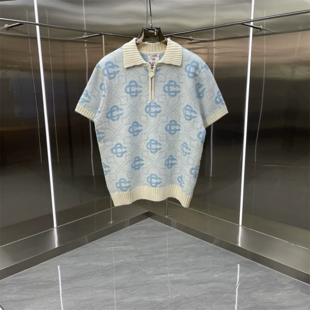 Casablanca Monogram Tile Knit Polo Shirt - Light Blue / Cream