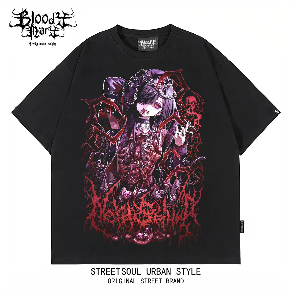 American Hip Hop Abby anime Black Short Sleeve T-shirt Men's and Women's Loose Printed Cotton Rock Personality Top