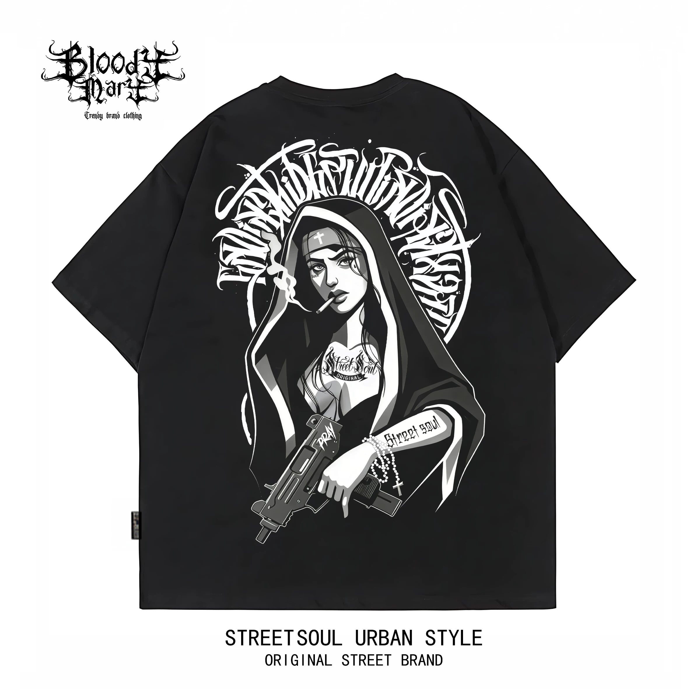 Trendy American Hip Hop Flower Font Black Short Sleeve T-shirt Loose Cotton Heavy Print Top Street West Coast