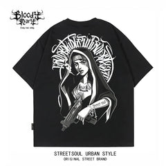 Trendy American Hip Hop Flower Font Black Short Sleeve T-shirt Loose Cotton Heavy Print Top Street West Coast
