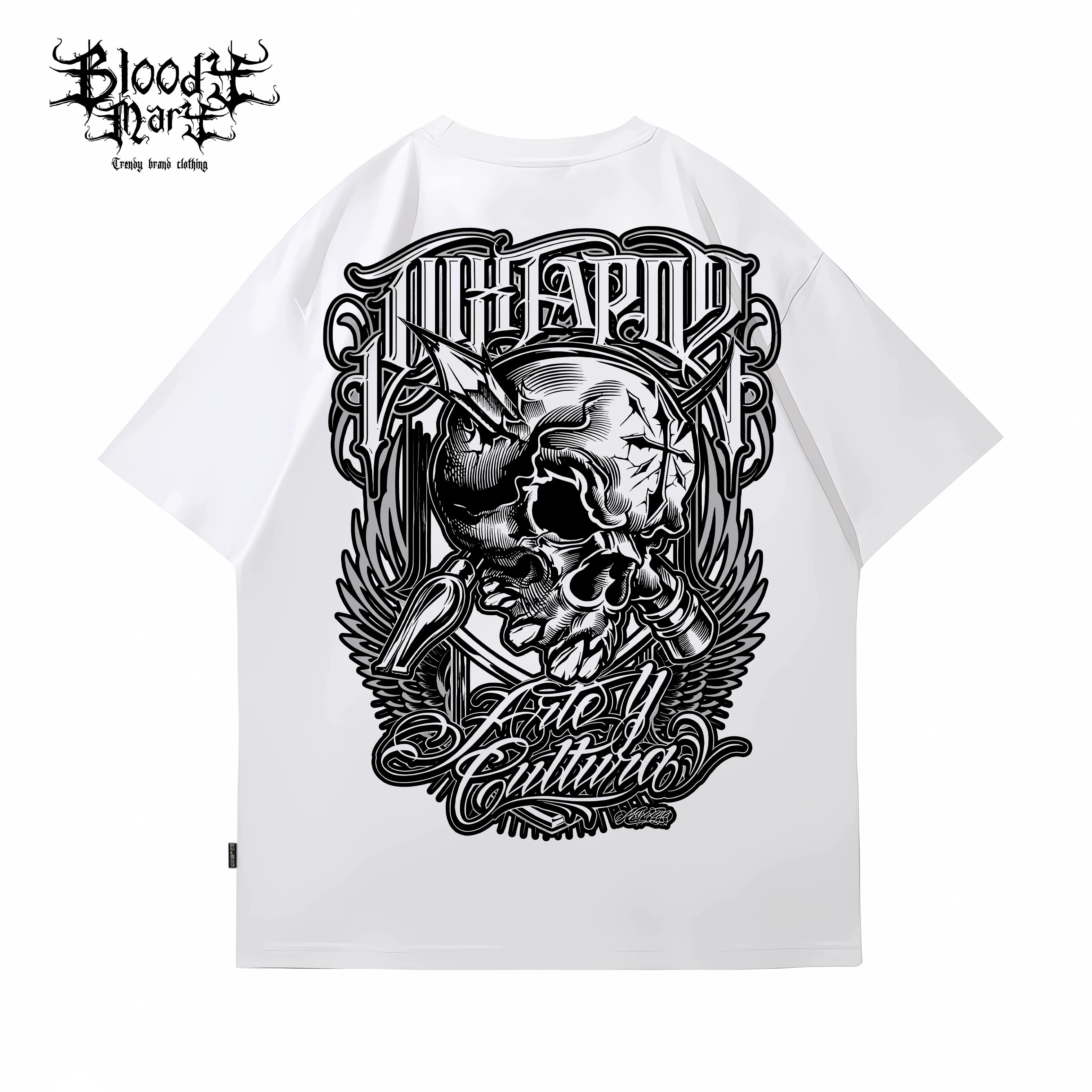 Trendy American street flower font short sleeved loose cotton heavyweight niche hip-hop tattoo artist skeleton T-shirt