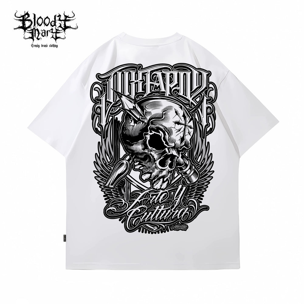 Trendy American street flower font short sleeved loose cotton heavyweight niche hip-hop tattoo artist skeleton T-shirt