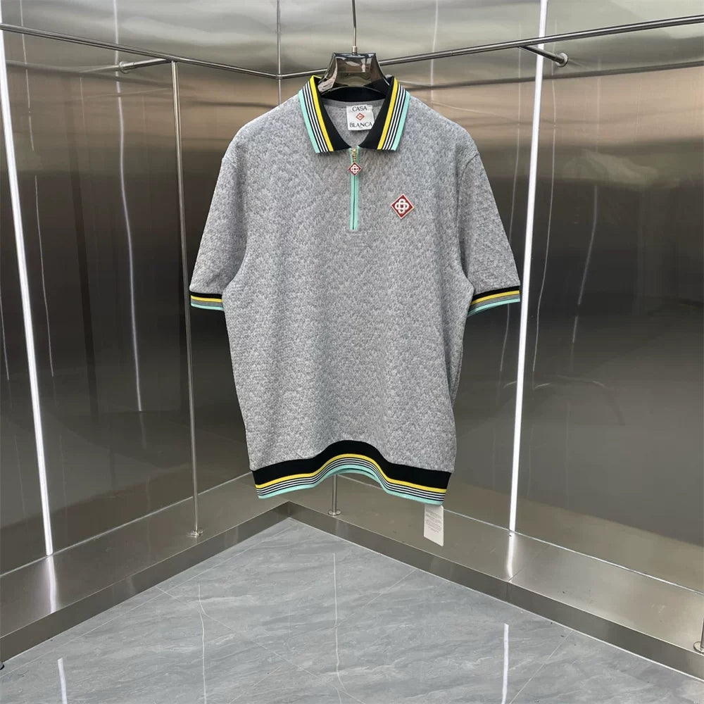 Casablanca Diamond Monogram Knit Polo Shirt - Heather Grey