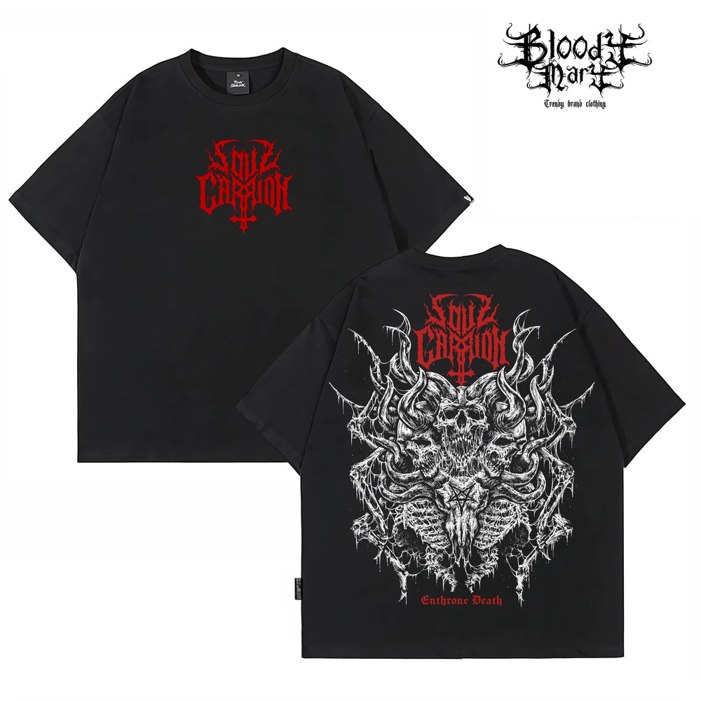 Dark style skull print short sleeved T-shirt for both men and women, loose street retro rock top