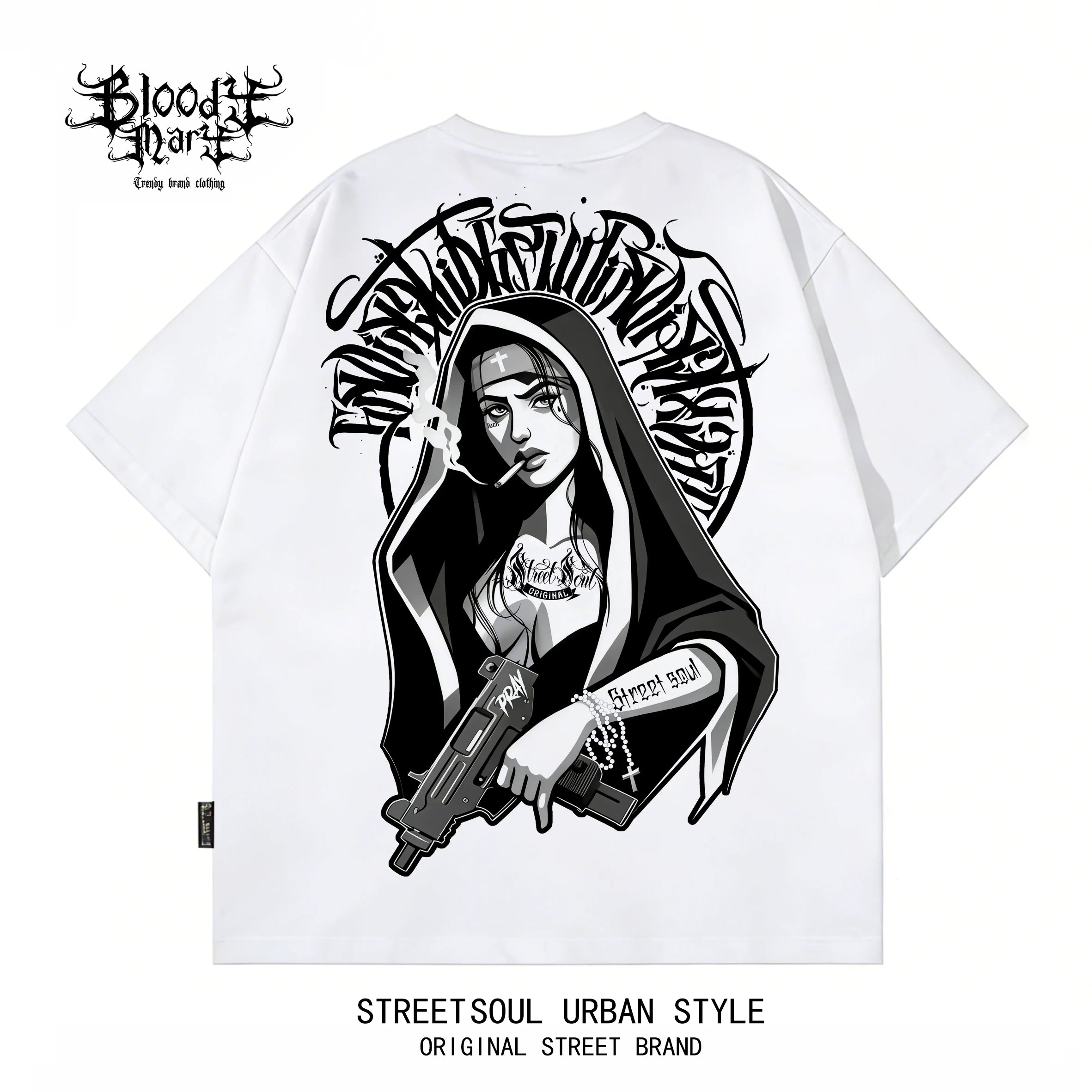 Trendy American Hip Hop Flower Font Black Short Sleeve T-shirt Loose Cotton Heavy Print Top Street West Coast
