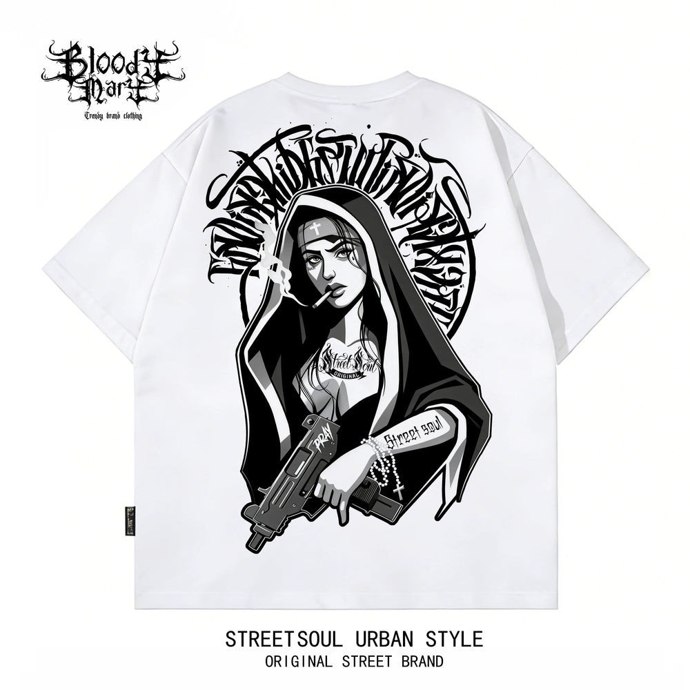 Trendy American Hip Hop Flower Font Black Short Sleeve T-shirt Loose Cotton Heavy Print Top Street West Coast