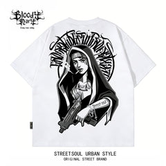 Trendy American Hip Hop Flower Font Black Short Sleeve T-shirt Loose Cotton Heavy Print Top Street West Coast