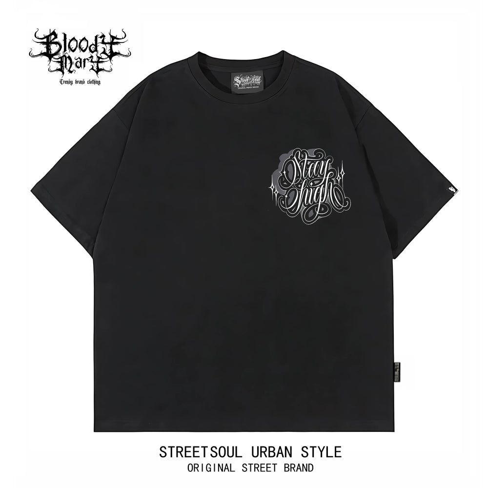 American street dark style floral font West Coast short sleeved T-shirt for men, loose and heavyweight, niche trendy printed top